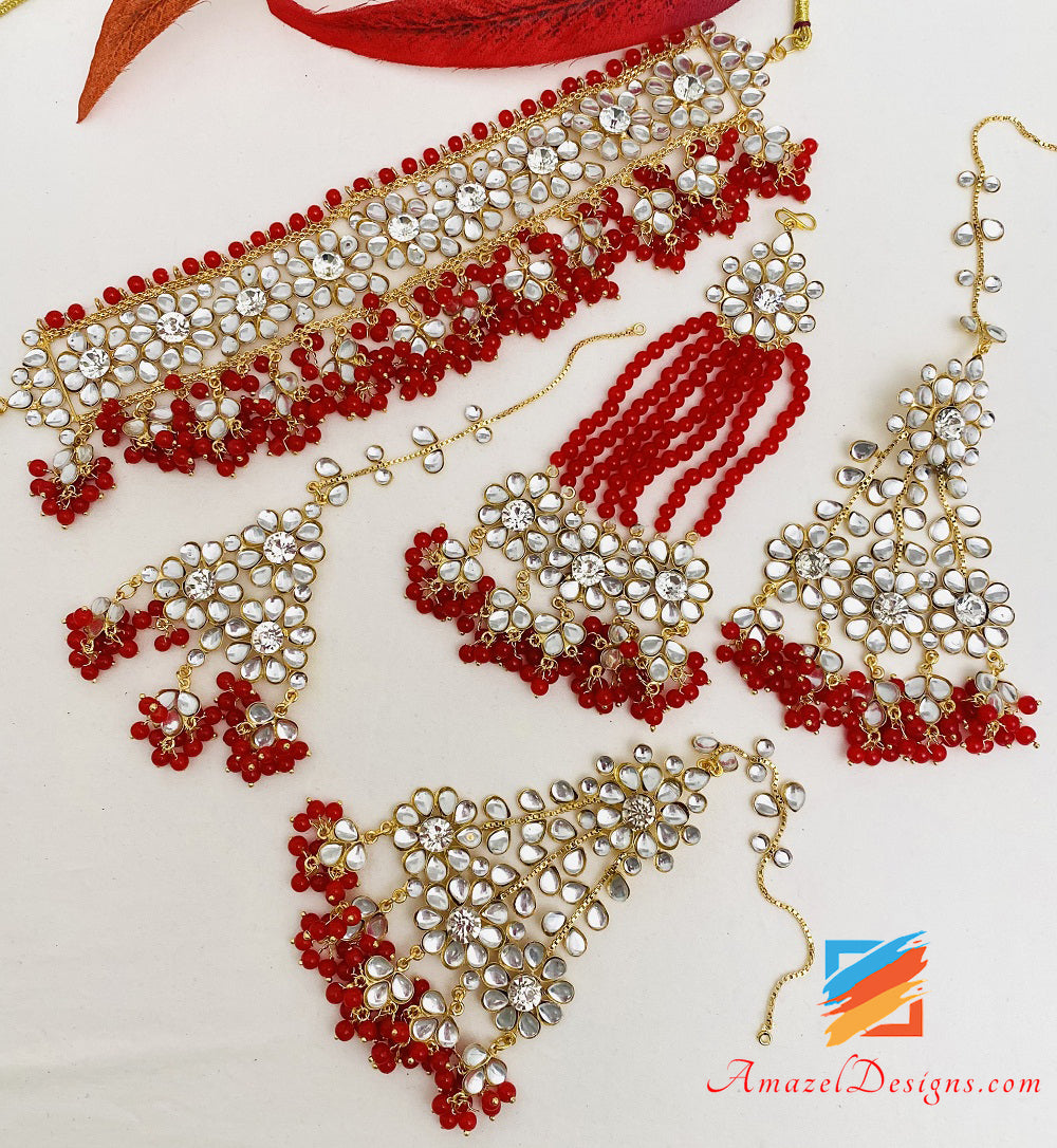 Orecchini girocollo flessibili rossi leggeri in cristallo Kundan Set Tikka Passa