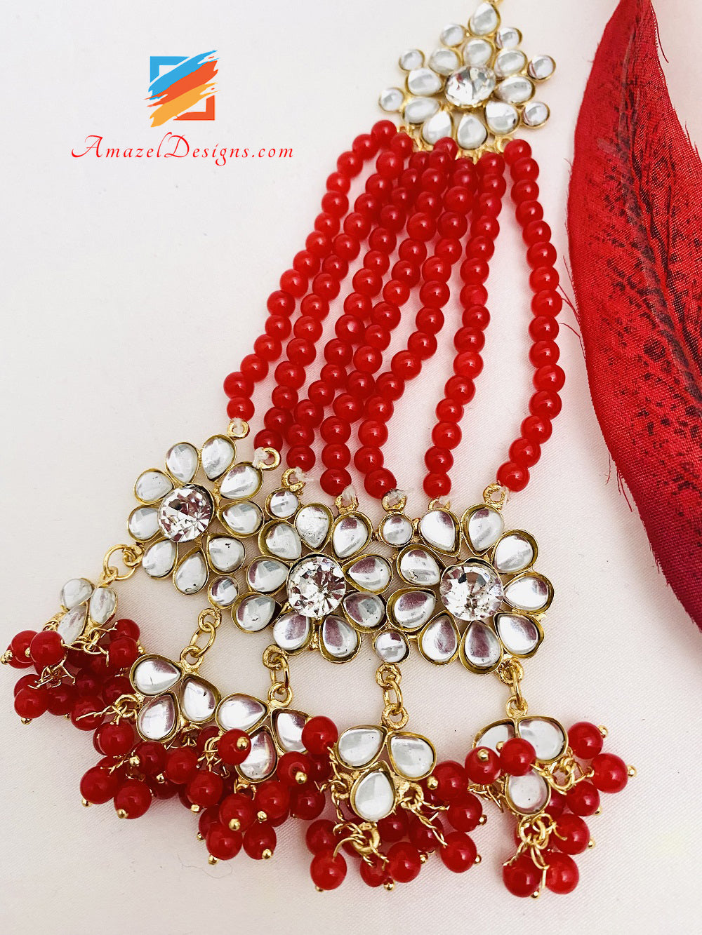 Orecchini girocollo flessibili rossi leggeri in cristallo Kundan Set Tikka Passa