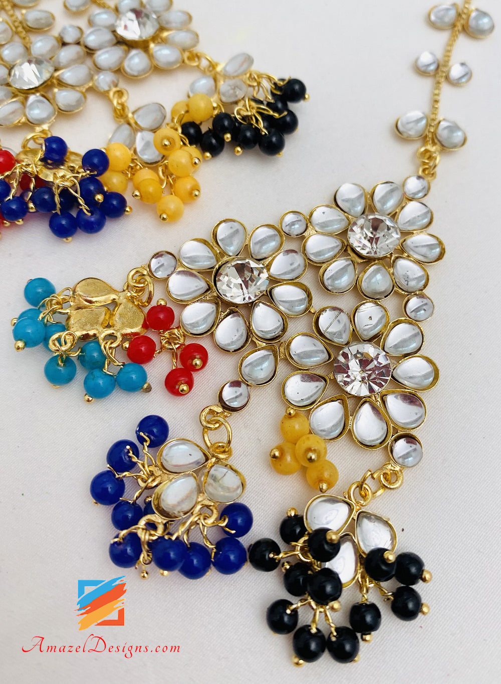 Kundan Crystal Multicoloured Lightweight Flexible Choker Earrings Tikka Passa Set