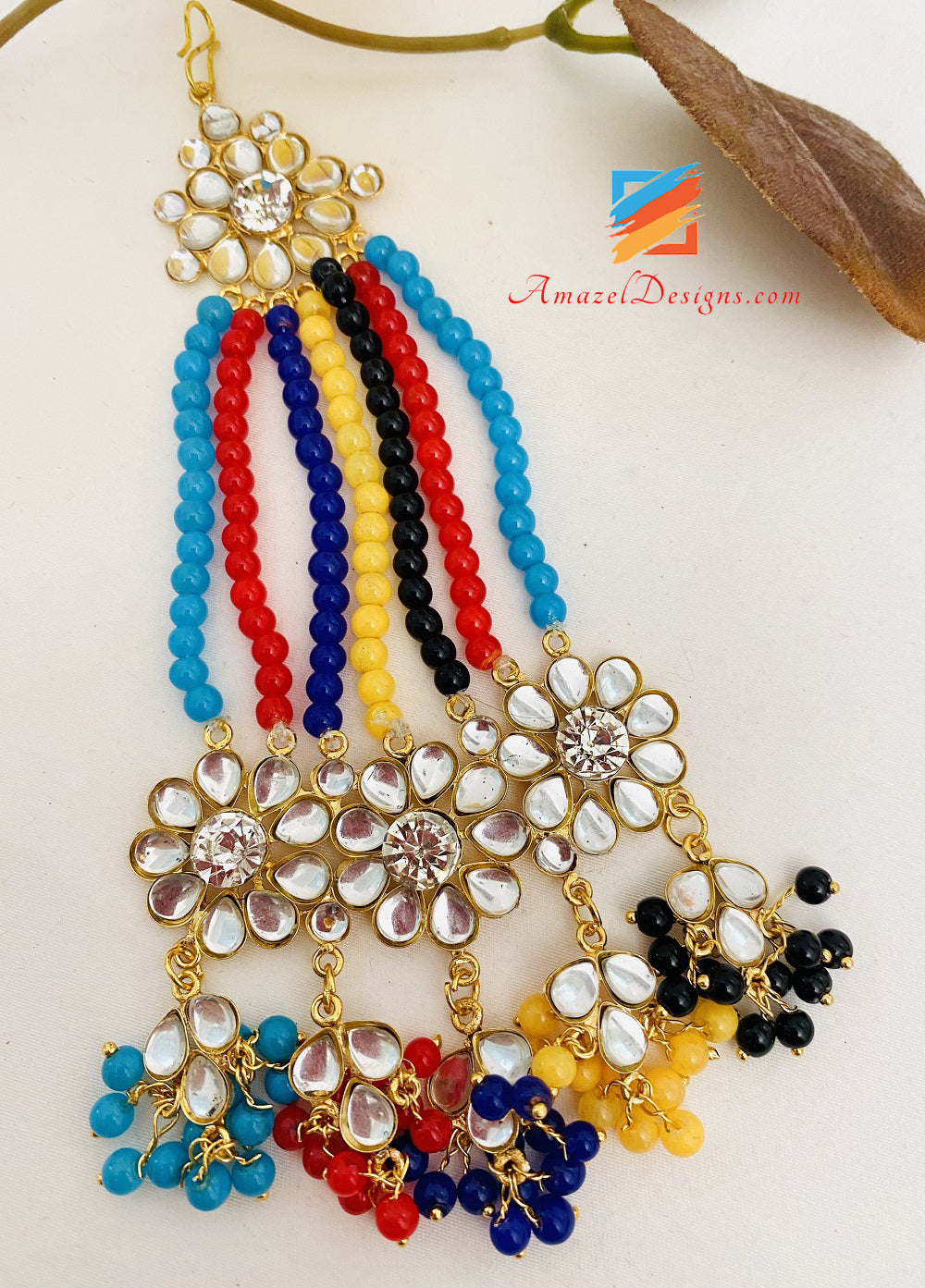 Kundan Crystal Multicoloured Lightweight Flexible Choker Earrings Tikka Passa Set