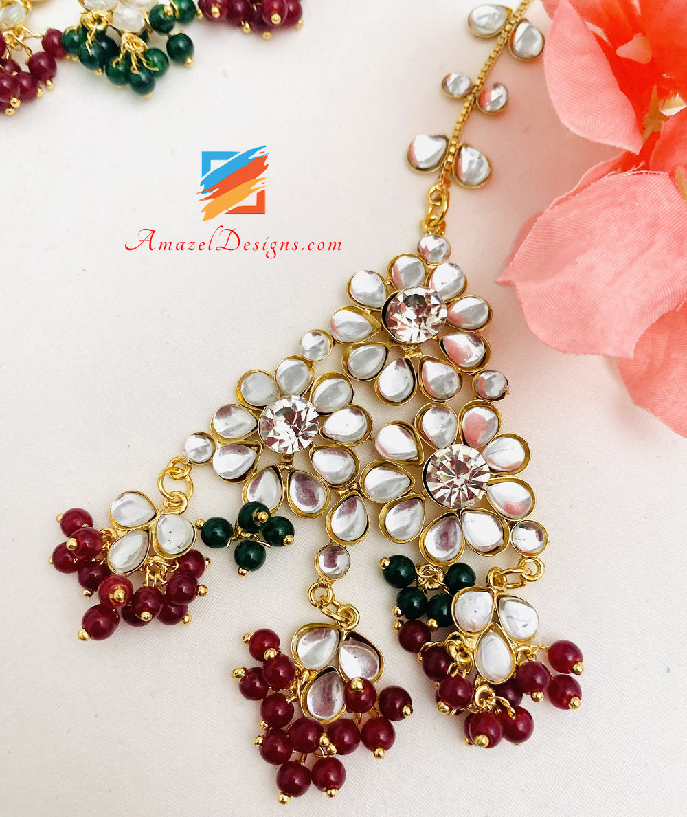 Kundan Crystal Multicoloured Lightweight Flexible Choker Earrings Tikka Passa Set