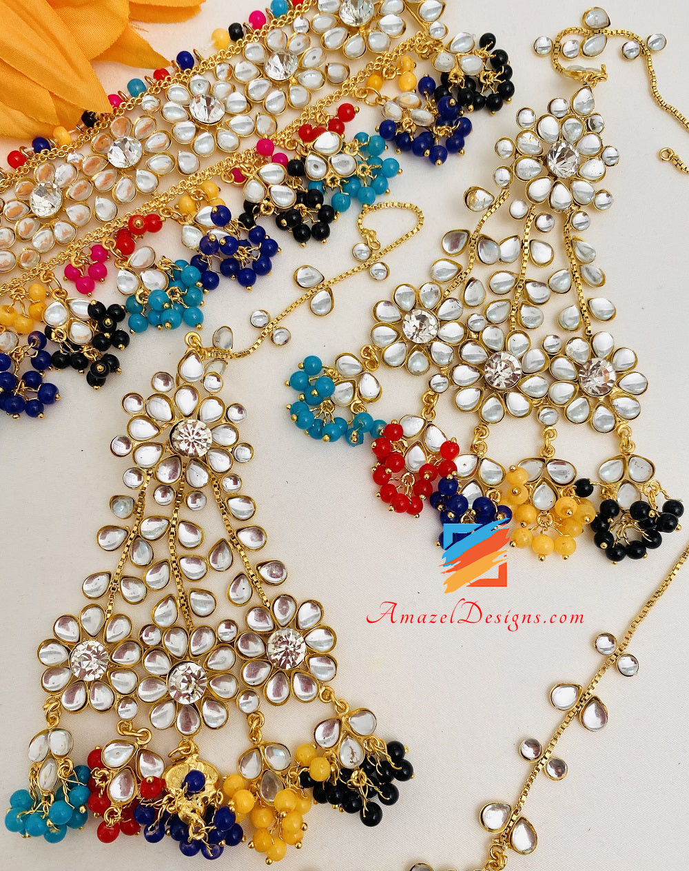 Kundan Crystal Multicoloured Lightweight Flexible Choker Earrings Tikka Passa Set