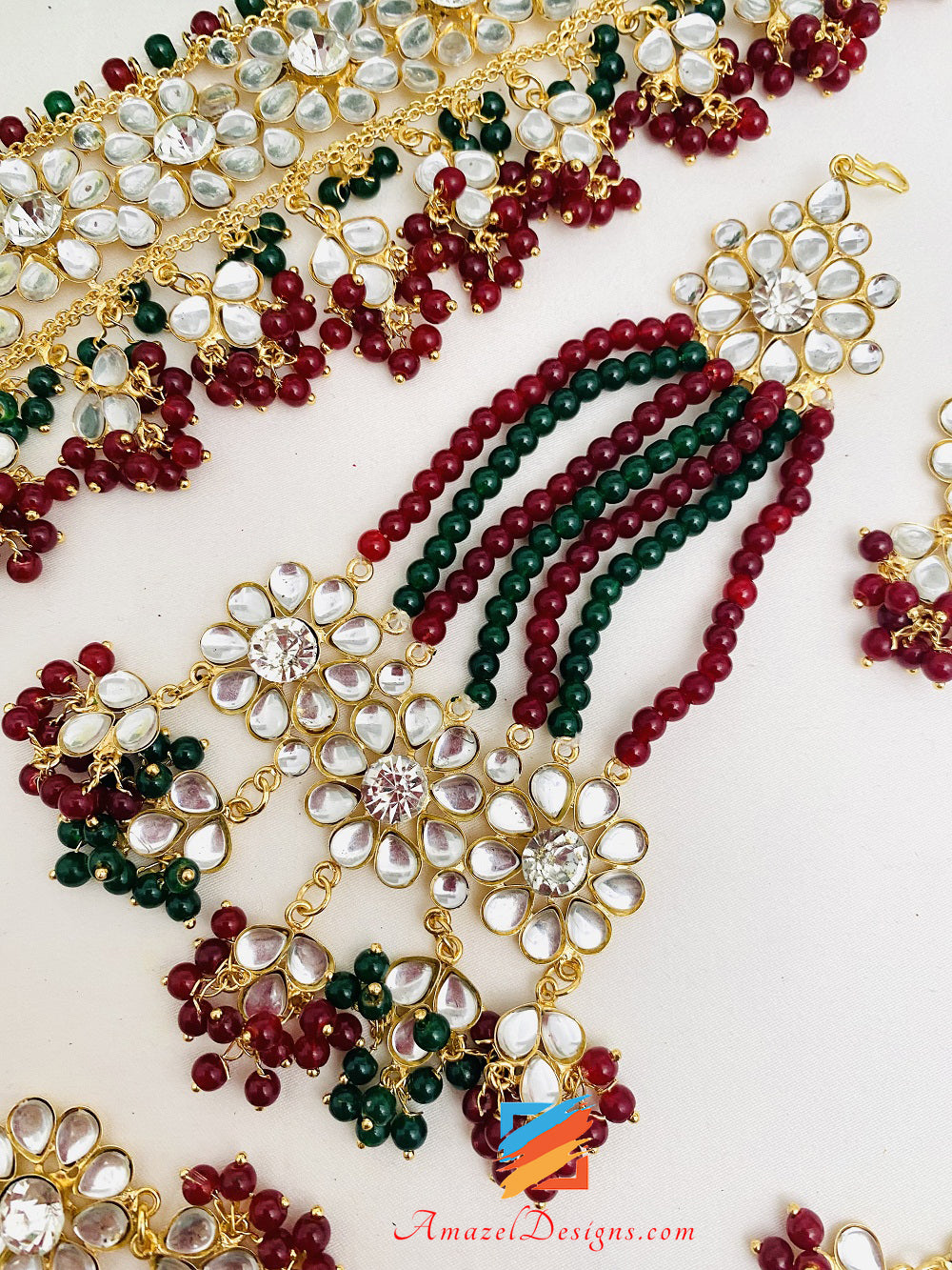 Kundan Crystal Multicoloured Lightweight Flexible Choker Earrings Tikka Passa Set