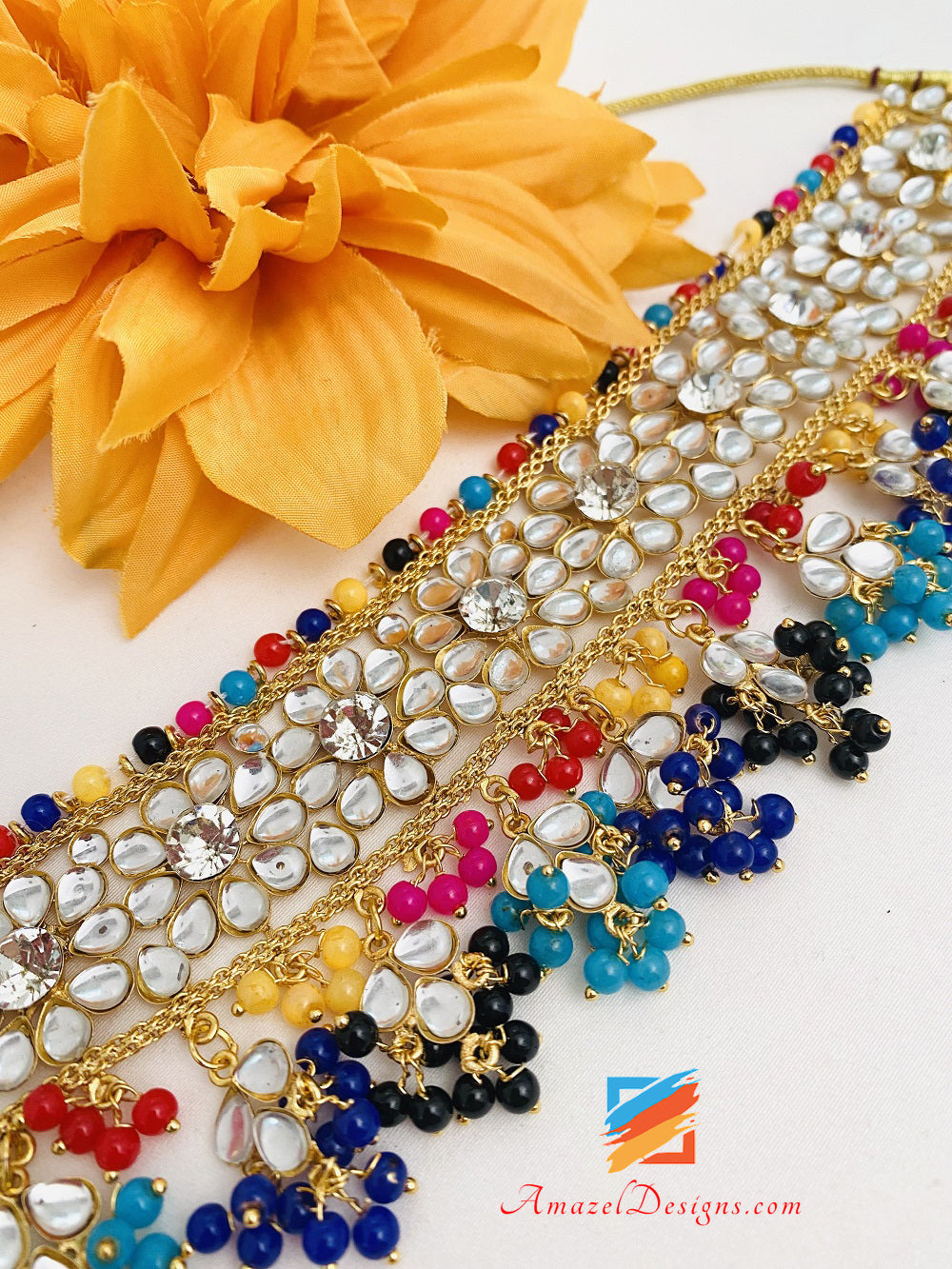 Kundan Crystal Multicoloured Lightweight Flexible Choker Earrings Tikka Passa Set