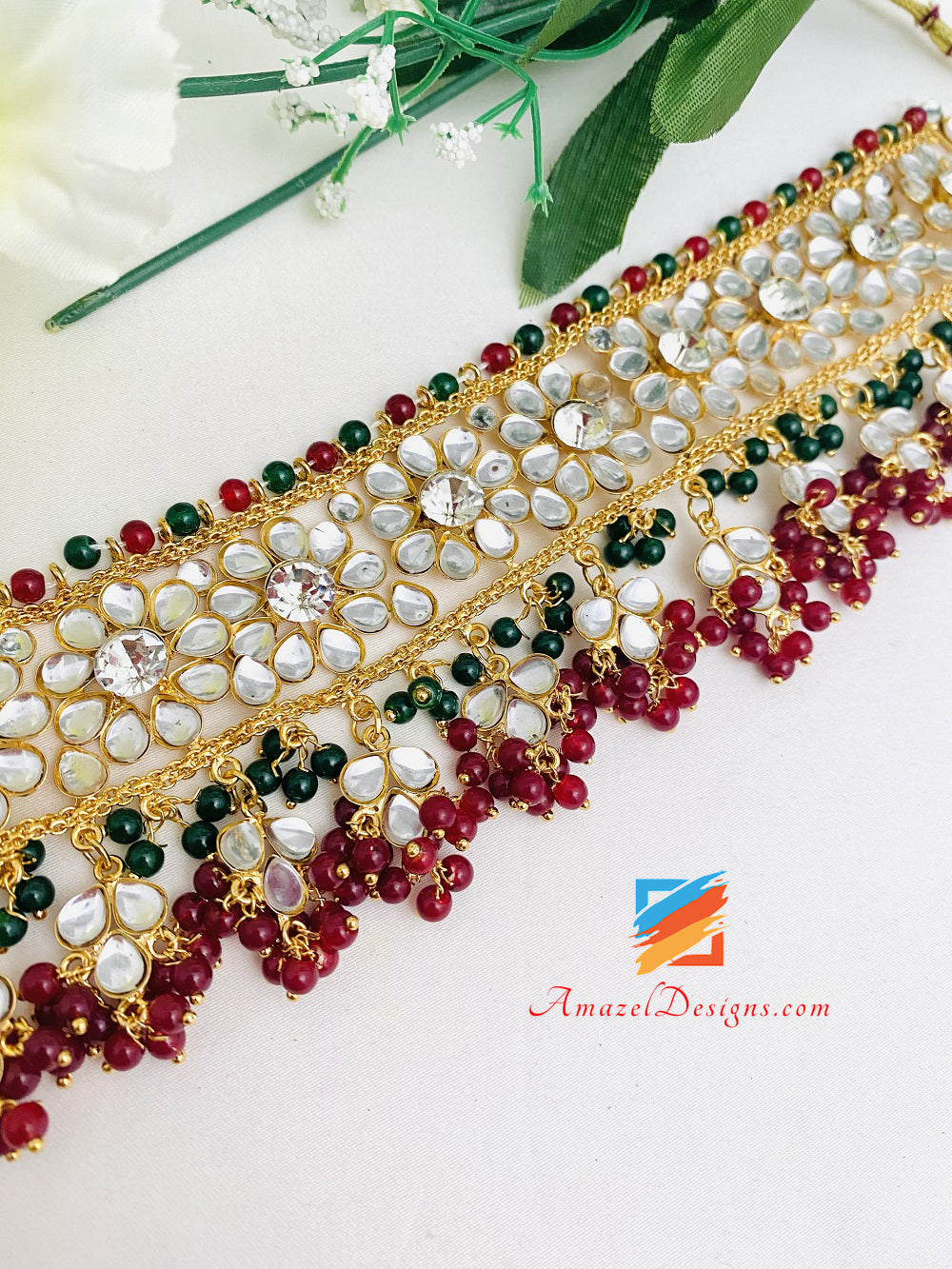 Kundan Crystal Multicoloured Lightweight Flexible Choker Earrings Tikka Passa Set
