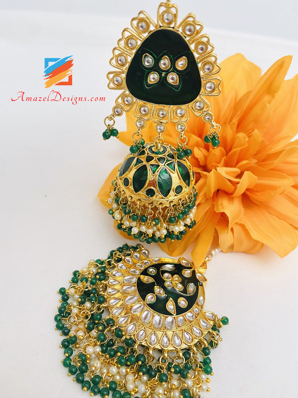 Kundan Emerald Green Jhumka Earrings Tikka Set