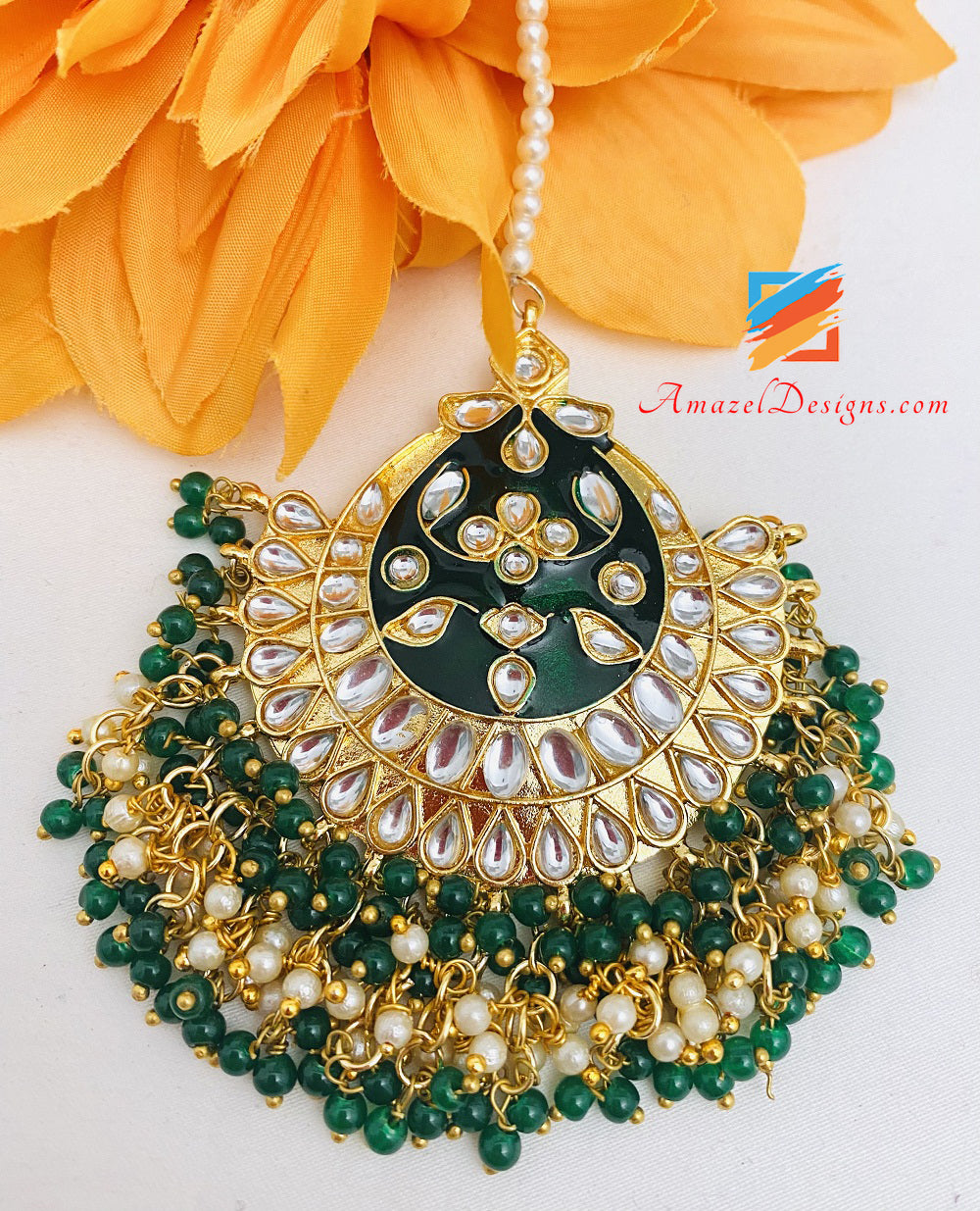 Kundan Emerald Green Jhumka Earrings Tikka Set