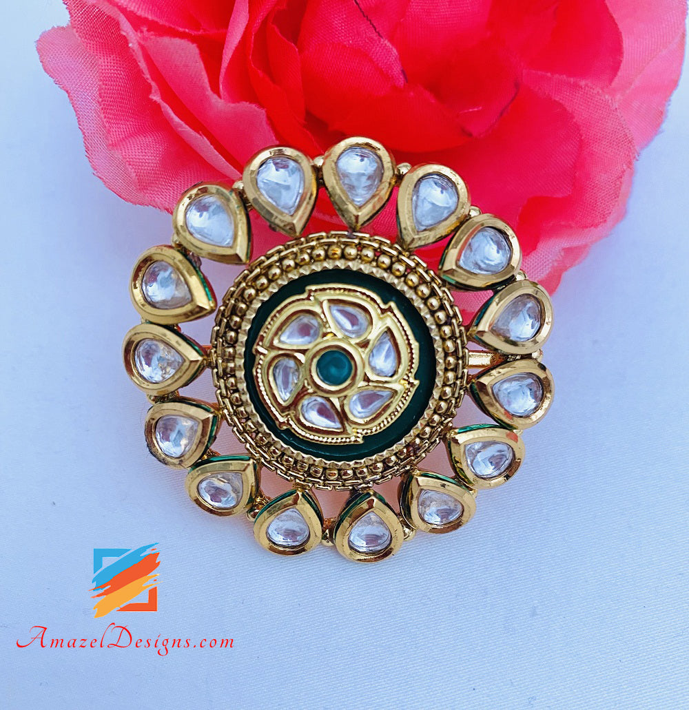 Kundan Emerald Green Large Adjustable Ring