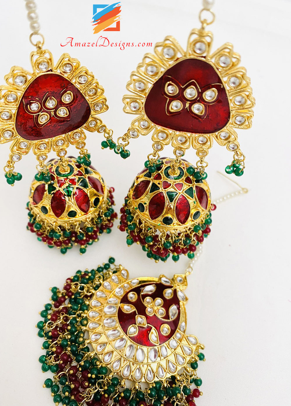 Kundan Emerald Green Maroon Jhumka Earrings Tikka Set