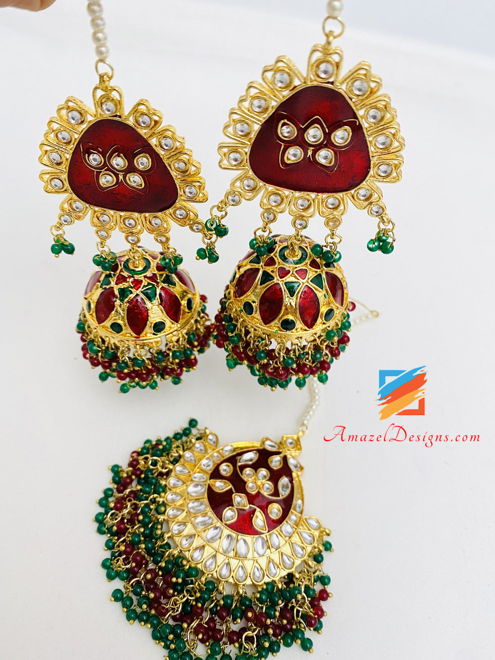 Kundan Emerald Green Maroon Jhumka Earrings Tikka Set