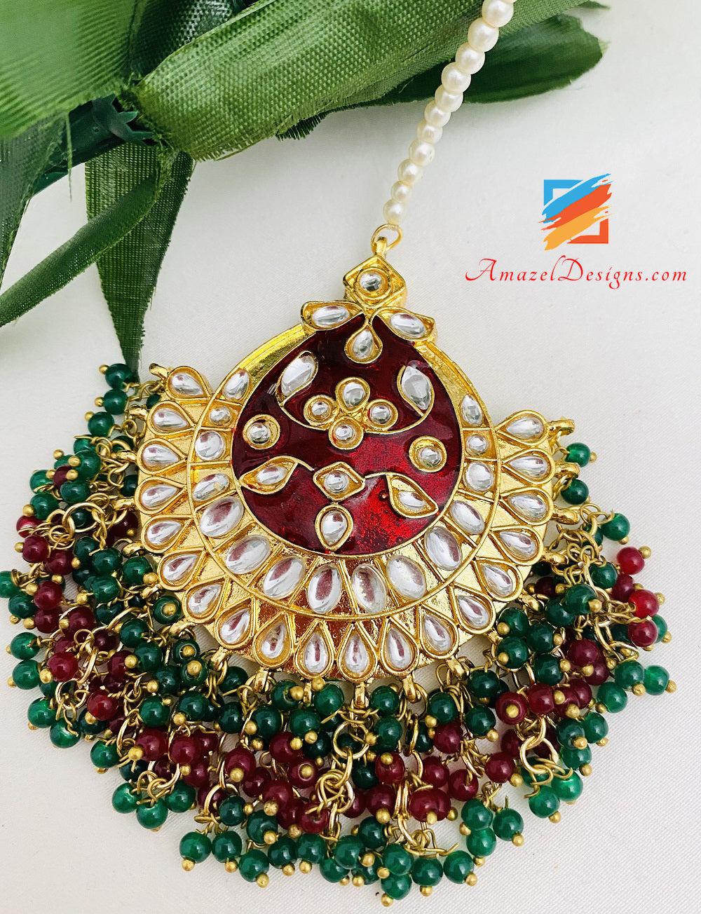 Kundan Emerald Green Maroon Jhumka Earrings Tikka Set