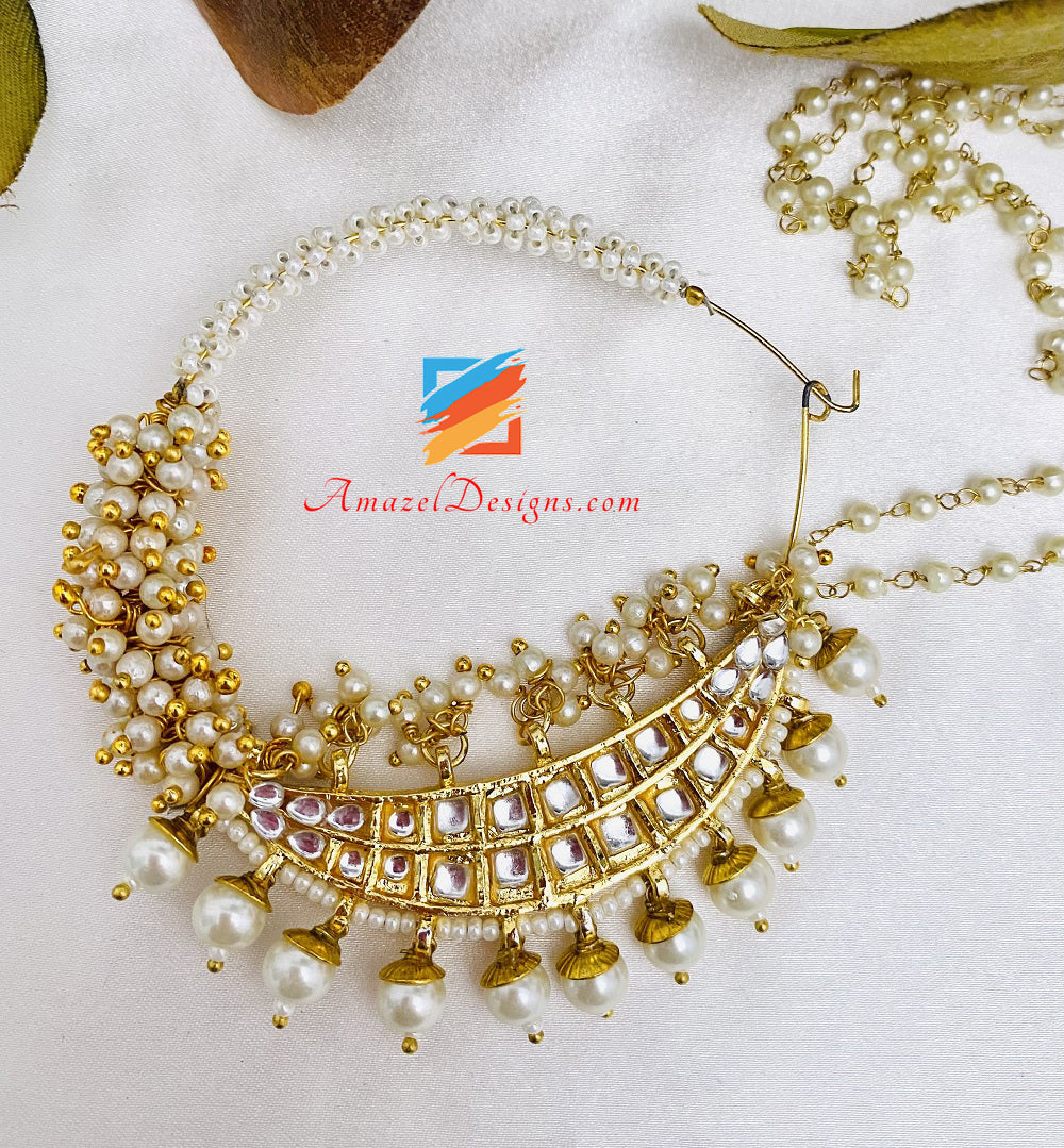 Kundan Goldener großer durchbohrter Nath mit Perlenkette