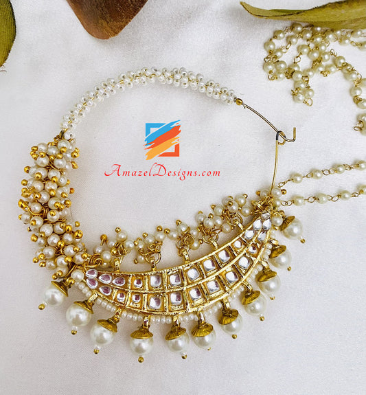Kundan Golden Large Pierced Nath With Pearly Chain