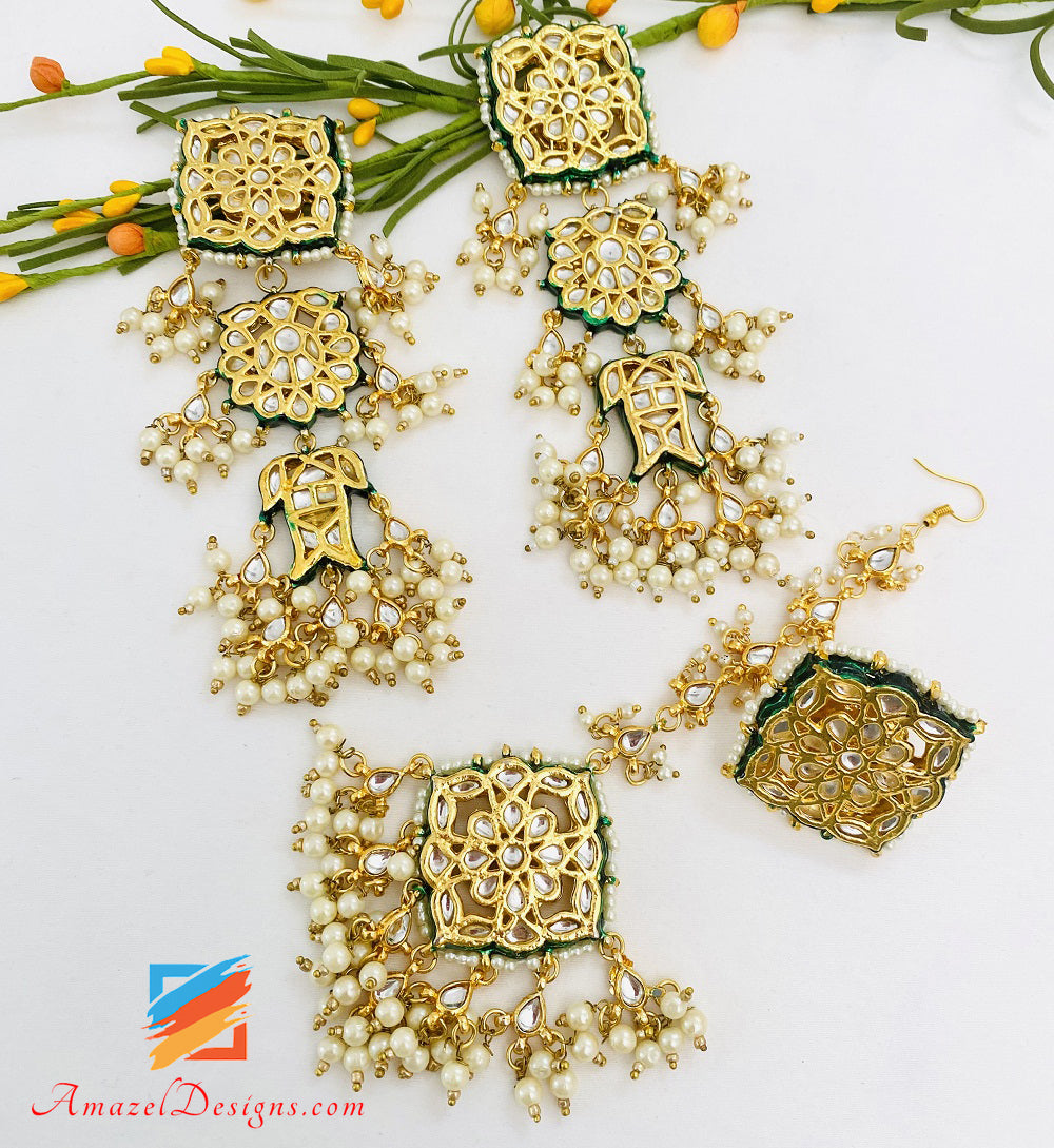 Kundan Golden Lightweight Earrings Tikka and Ring Set