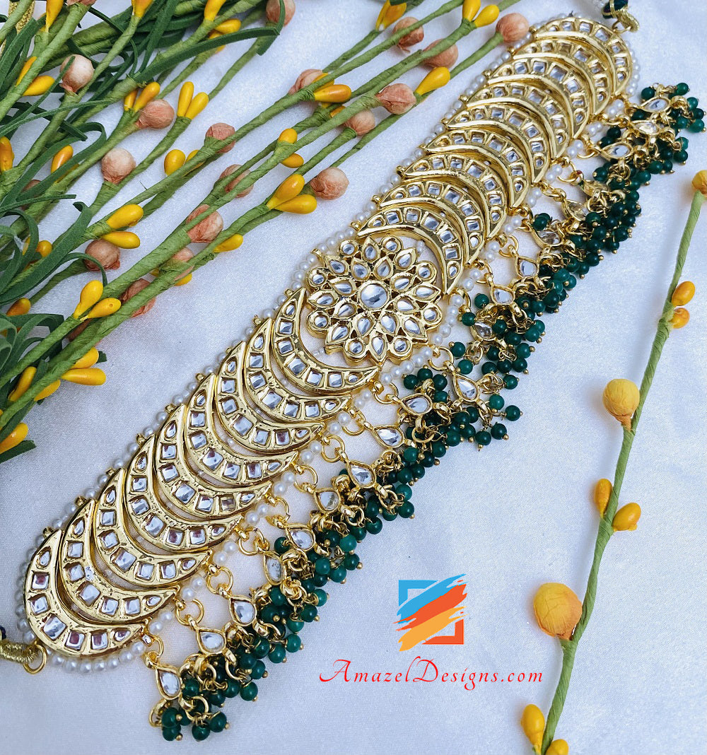 Kundan Green Emerald Choker Necklace Earrings Tikka Set