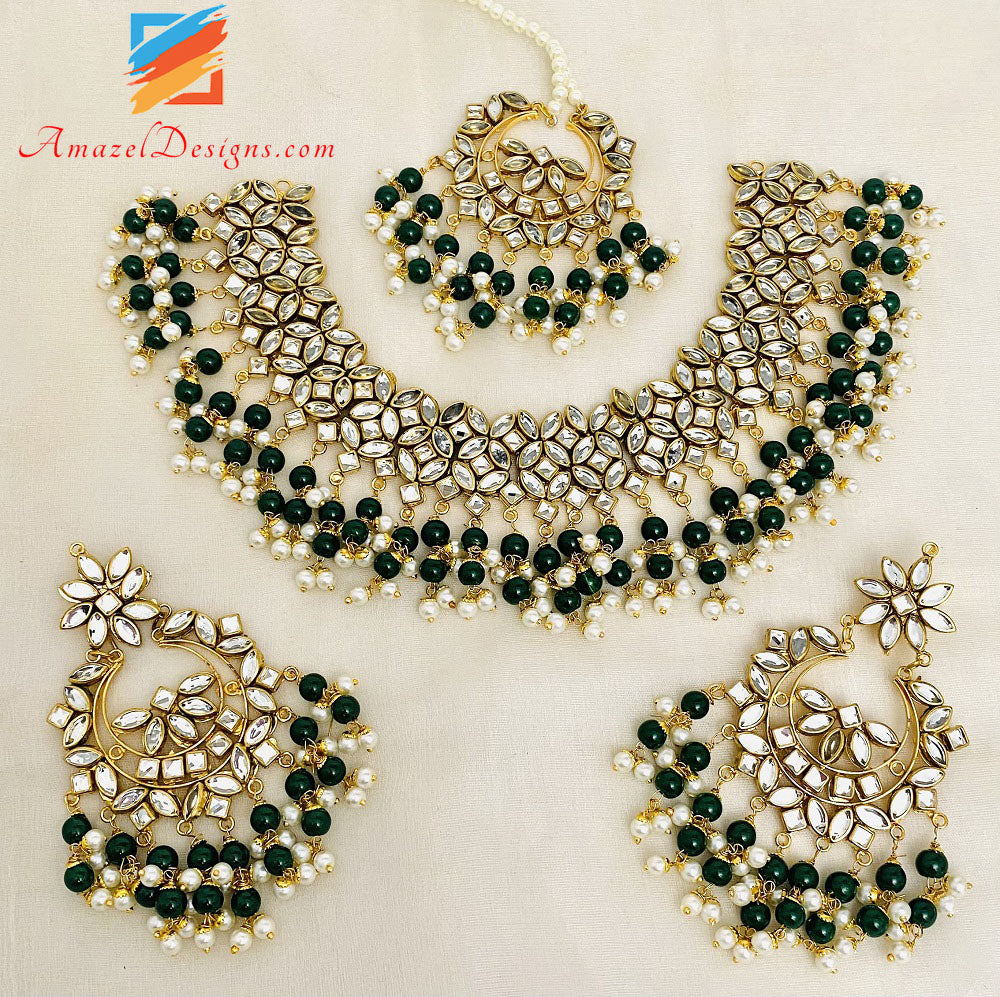 Kundan Green Necklace Lightweight Earrings Tikka Set