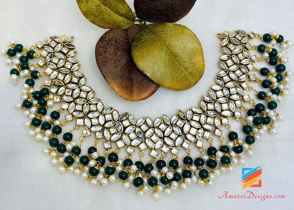 Kundan Green Necklace Lightweight Earrings Tikka Set