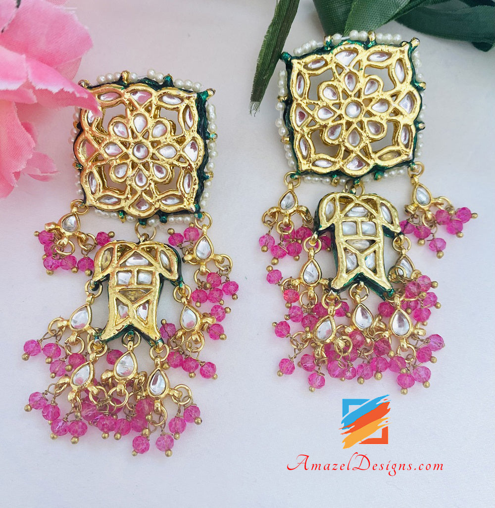 Kundan Leichte rosa Ohrringe Tikka Ring Set