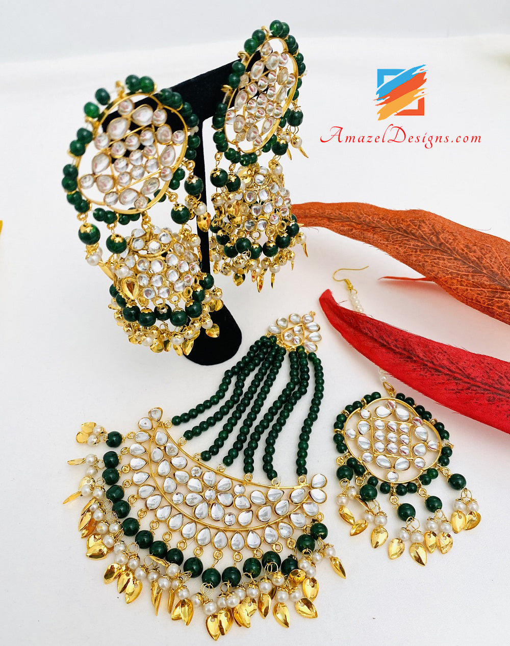 Kundan Lightweight Pippal Patti Emerald Green Jhumka Earrings Tikka Jhumar Set