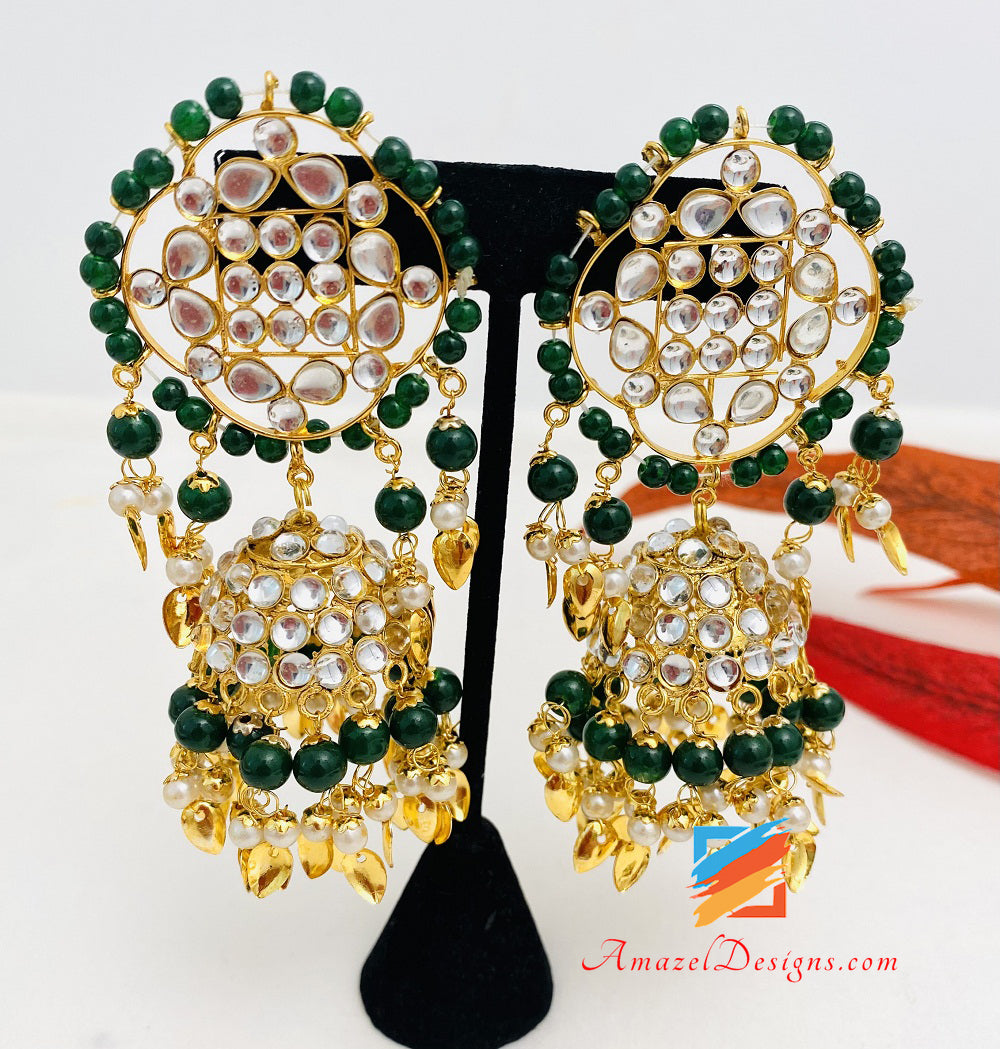 Kundan Lightweight Pippal Patti Emerald Green Jhumka Earrings Tikka Jhumar Set