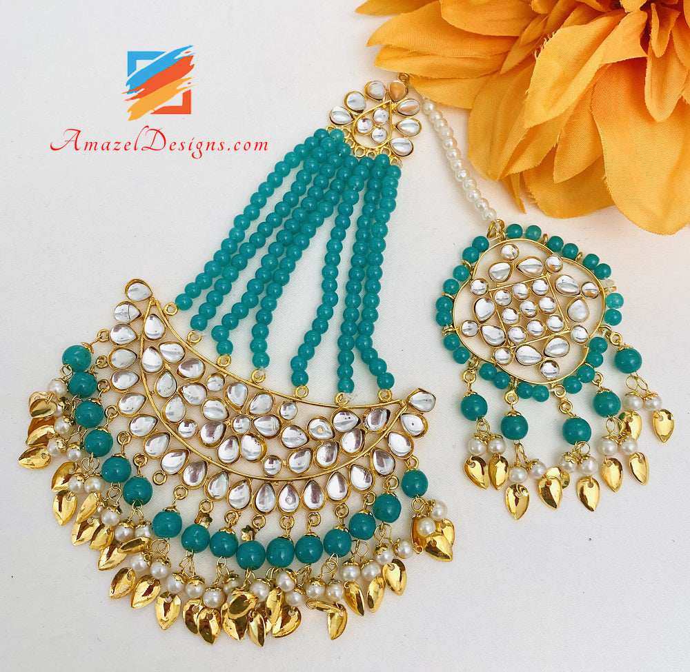 Kundan Leichte Pippal Patti Türkis Jhumka Ohrringe Tikka Passa Set