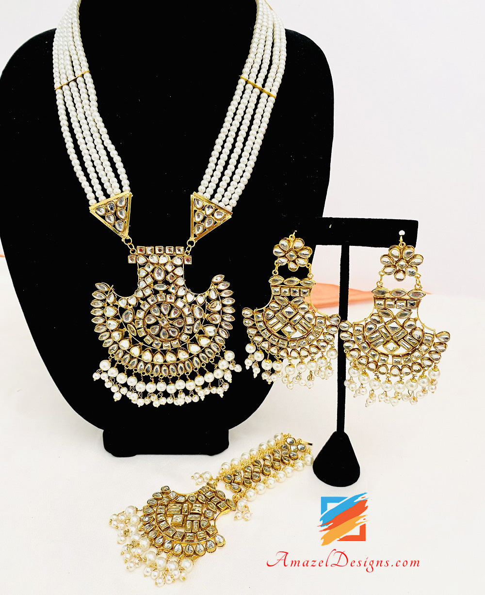 Kundan Long Rani Haar Orecchini Set Tikka