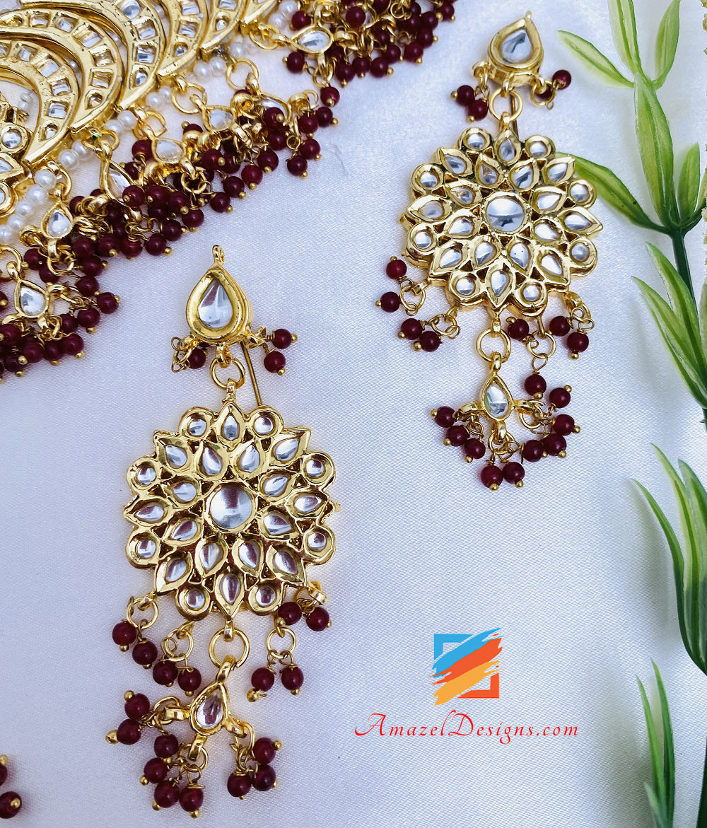 Kundan Maroon Ruby Choker Necklace Earrings Tikka Set