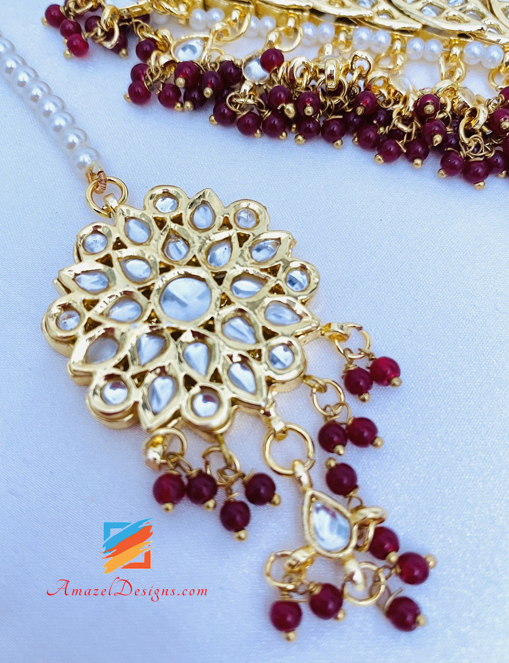 Kundan Maroon Ruby Choker Necklace Earrings Tikka Set