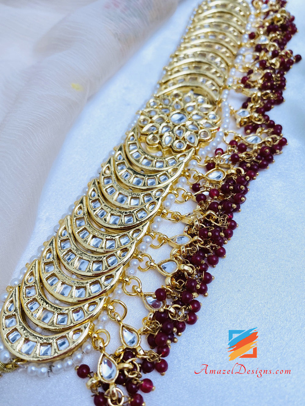 Kundan Maroon Ruby Choker Necklace Earrings Tikka Set