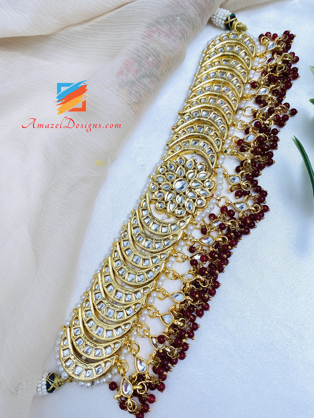 Kundan Maroon Ruby Choker Necklace Earrings Tikka Set