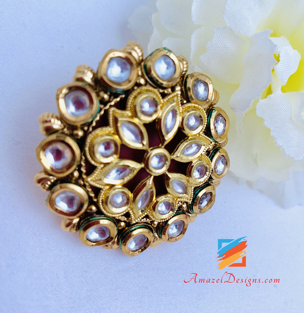 Kundan Maroon Ruby Touch Large Adjustable Ring