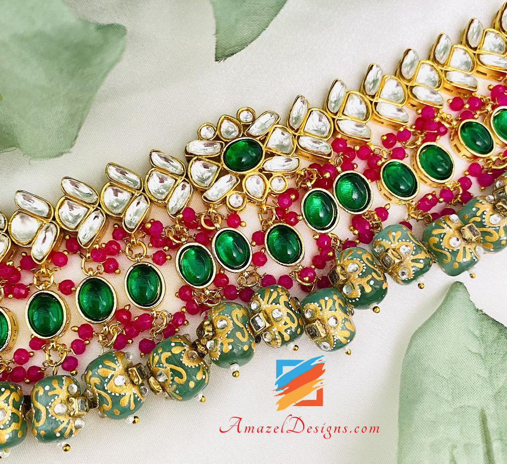 Kundan Mint Tumble Beads Choker Necklace Tikka Set