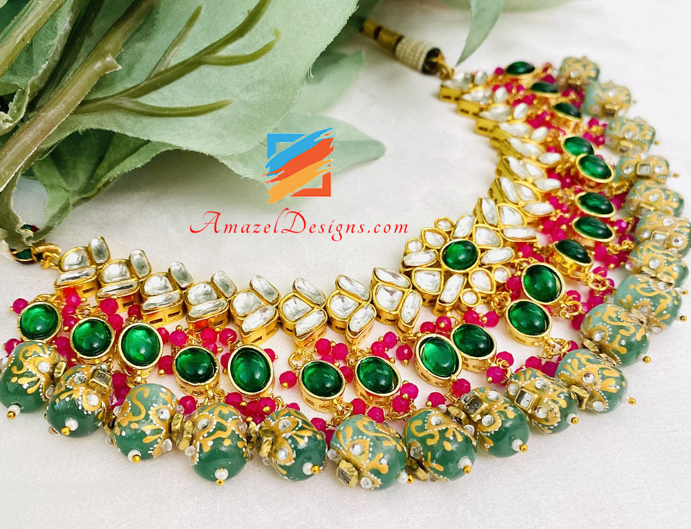 Kundan Mint Tumble Beads Choker Necklace Tikka Set
