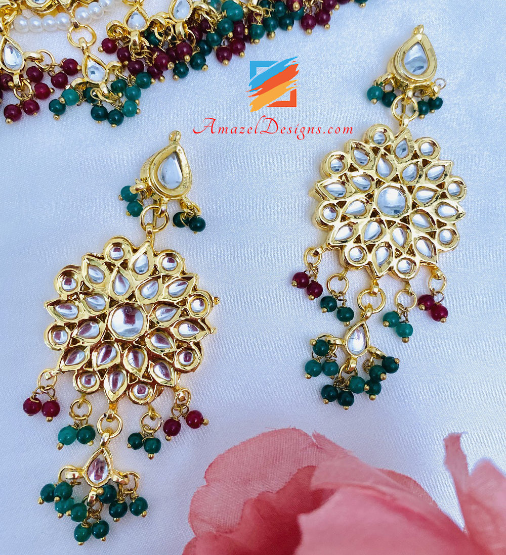 Kundan Mix Grüner Smaragd Kastanienbrauner Rubin Choker Halskette Ohrringe Tikka Set