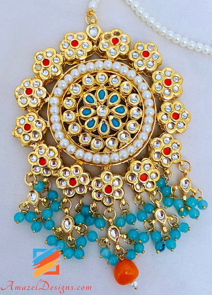 Kundan Orange Earrings and Oversized Tikka Set