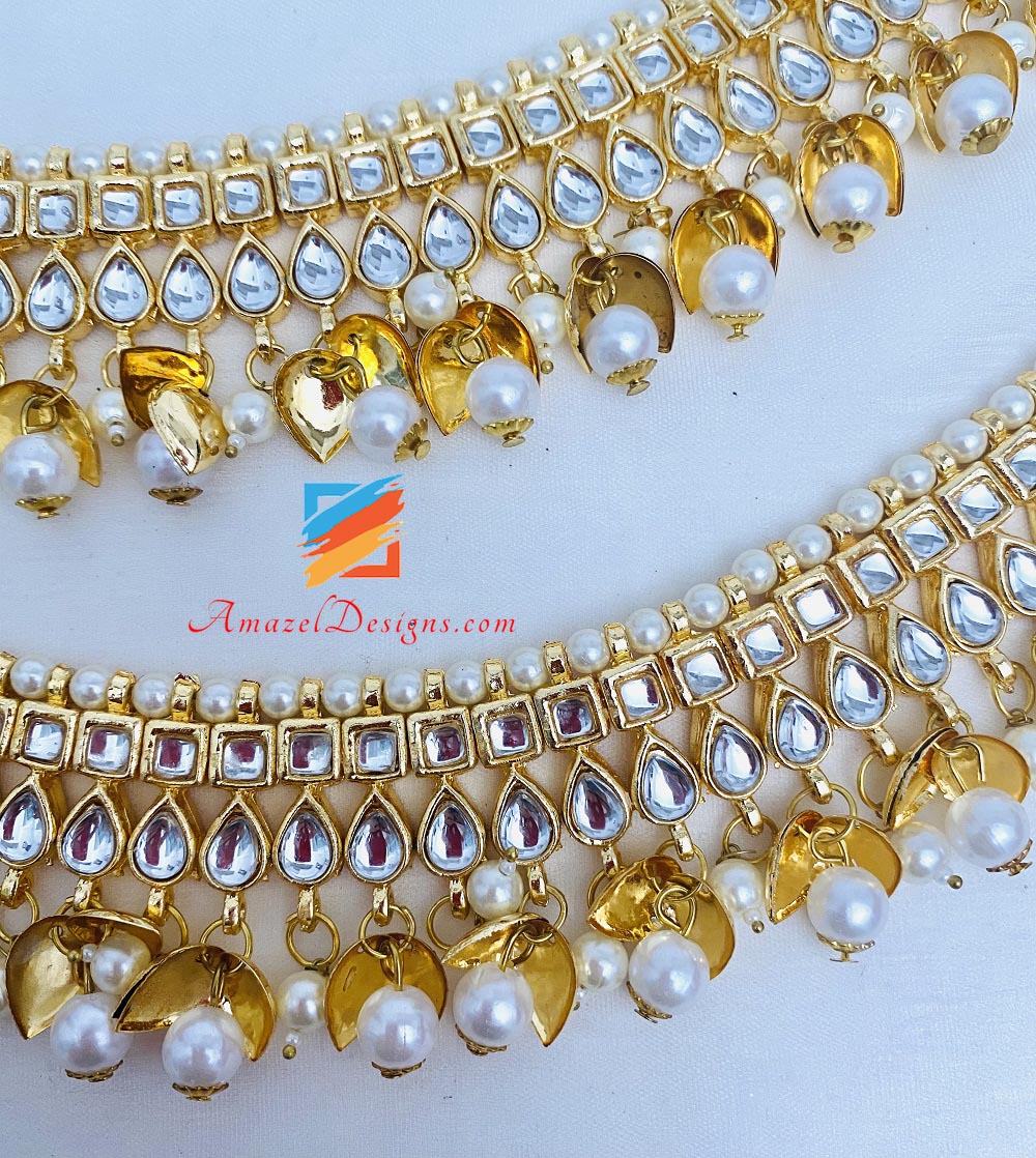 Kundan Payal With White Pearls