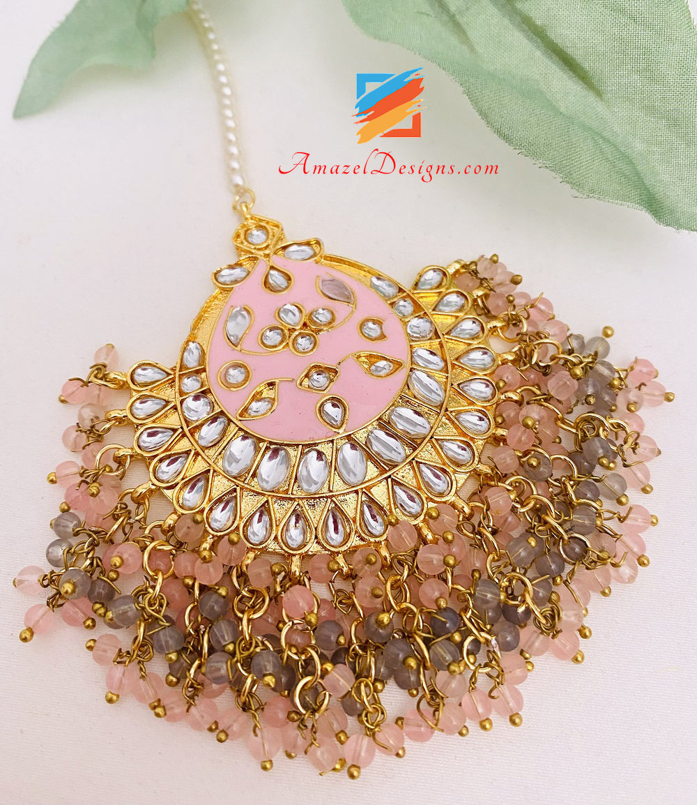 Kundan Pink Jhumka Earrings Tikka Set
