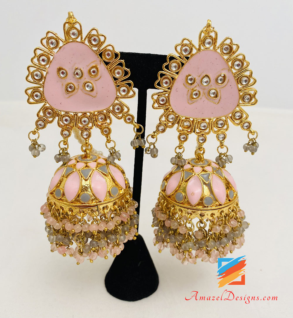 Kundan Pink Jhumka Earrings Tikka Set