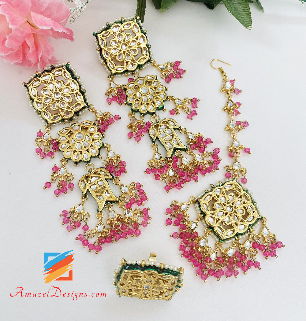 Kundan Pink Lightweight Earrings Tikka and Ring Set