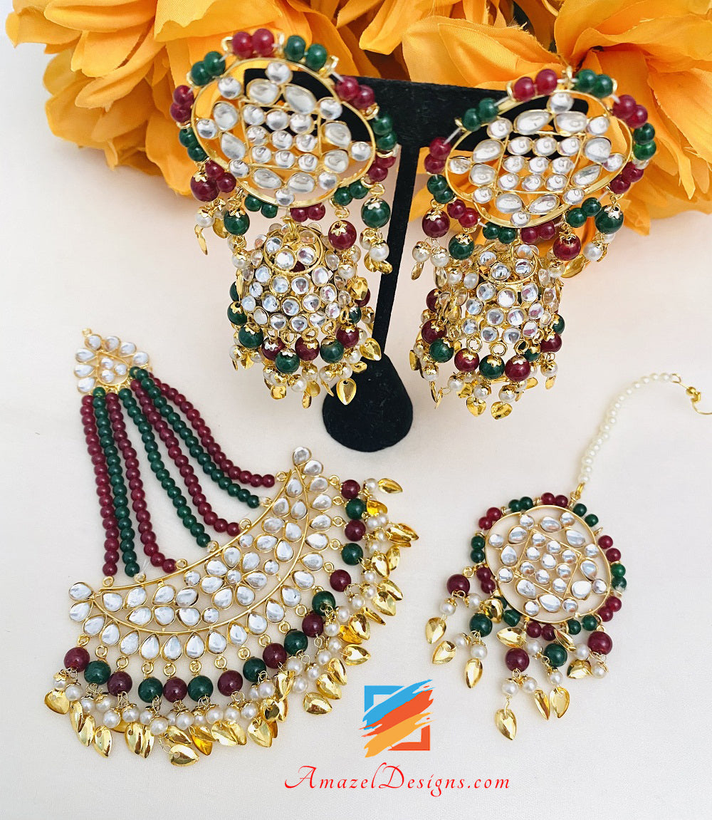 Kundan Pippal Patti Lightweight Green Maroon Jhumka Passa/Jhoomer Tikka Set