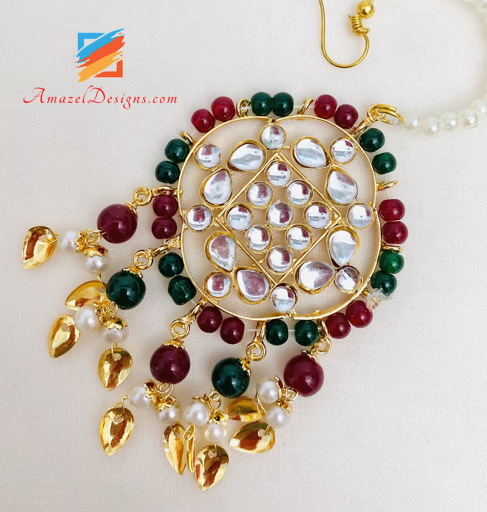 Kundan Pippal Patti Lightweight Green Maroon Jhumka Passa/Jhoomer Tikka Set