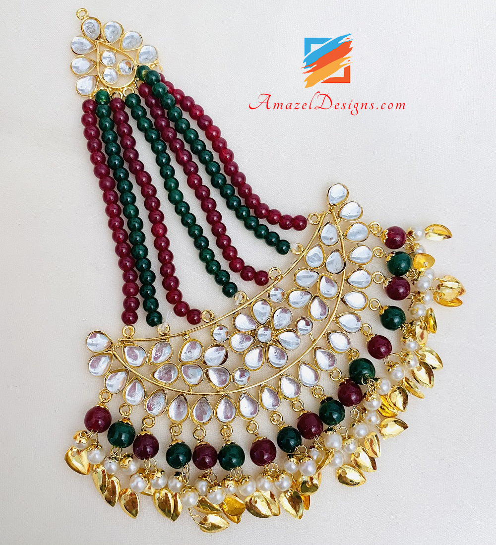 Kundan Pippal Patti Lightweight Green Maroon Jhumka Passa/Jhoomer Tikka Set