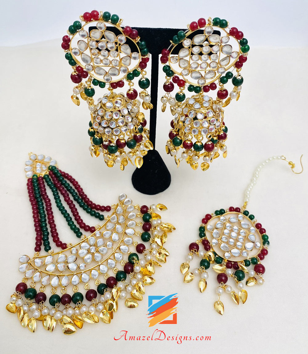 Kundan Pippal Patti Lightweight Green Maroon Jhumka Passa/Jhoomer Tikka Set