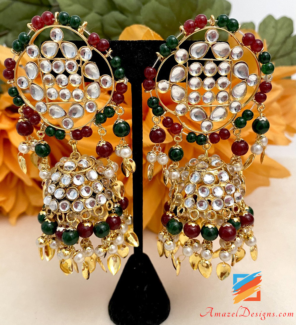 Kundan Pippal Patti Lightweight Green Maroon Jhumka Passa/Jhoomer Tikka Set