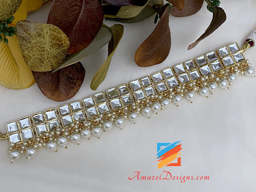 Kundan Sheesha Choker Halskette Ohrringe Tikka Set