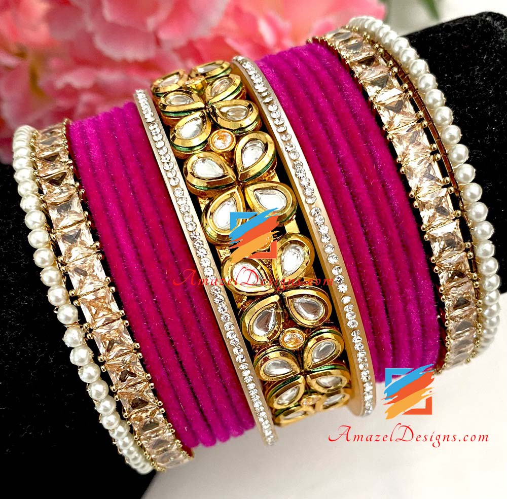 Hot Pink (Magenta) Kundan Kada Bridal / Non Bridal Bangle Set