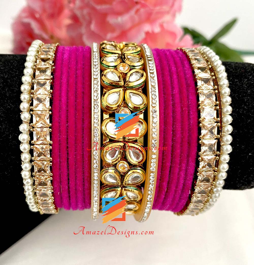 Hot Pink (Magenta) Kundan Kada Bridal / Non Bridal Bangle Set