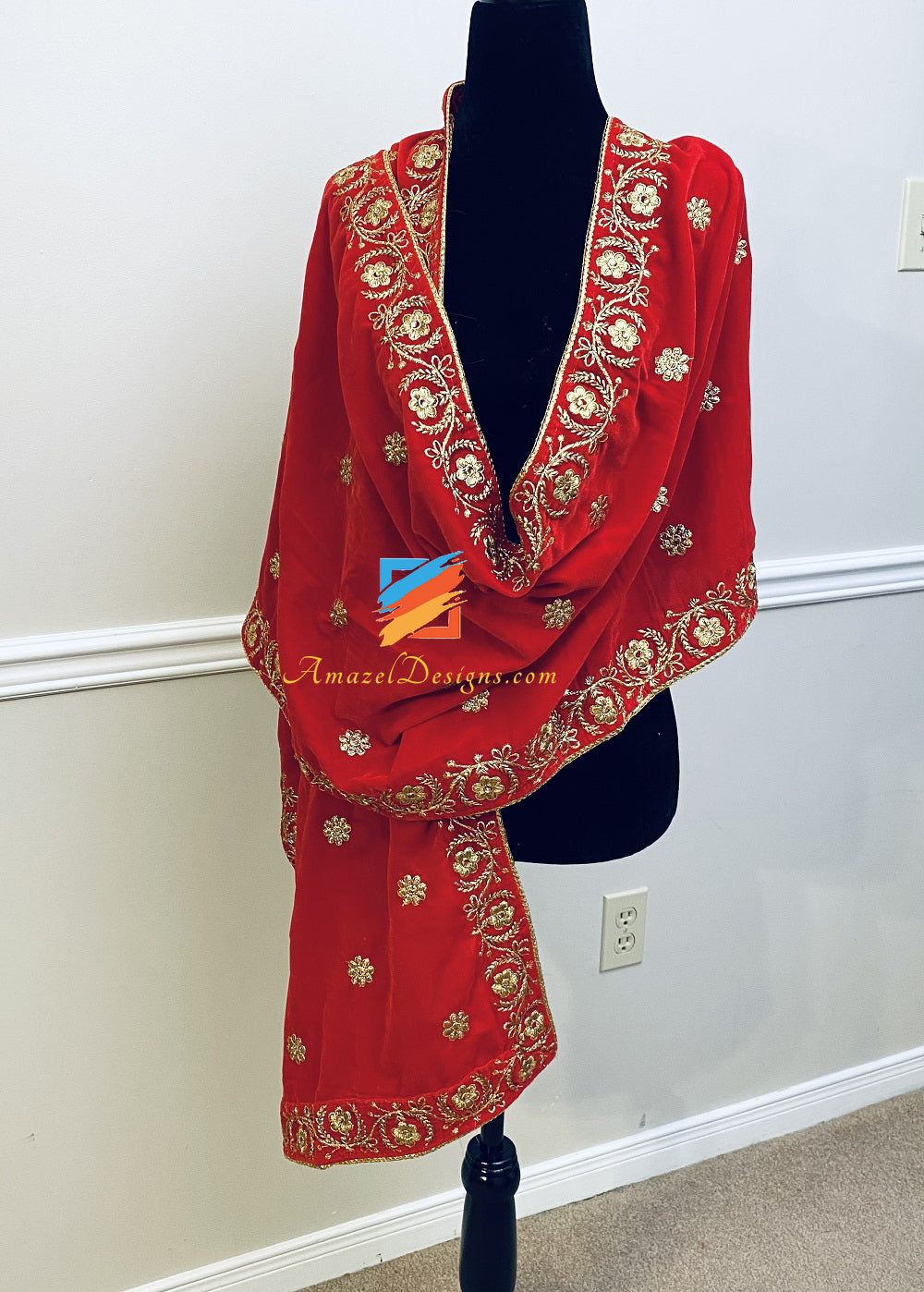 Ladies/Men Red Golden Tilla Kundan Less Width Velvet Stole Shawl