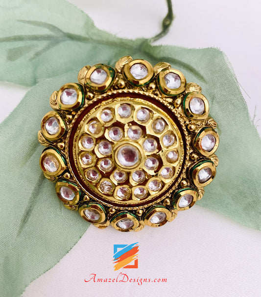 Large Ruby Maroon Touch Kundan Adjustable Ring