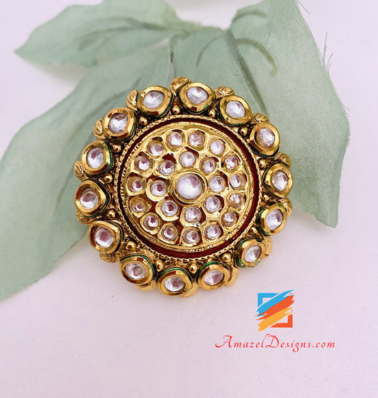 Large Ruby Maroon Touch Kundan Adjustable Ring